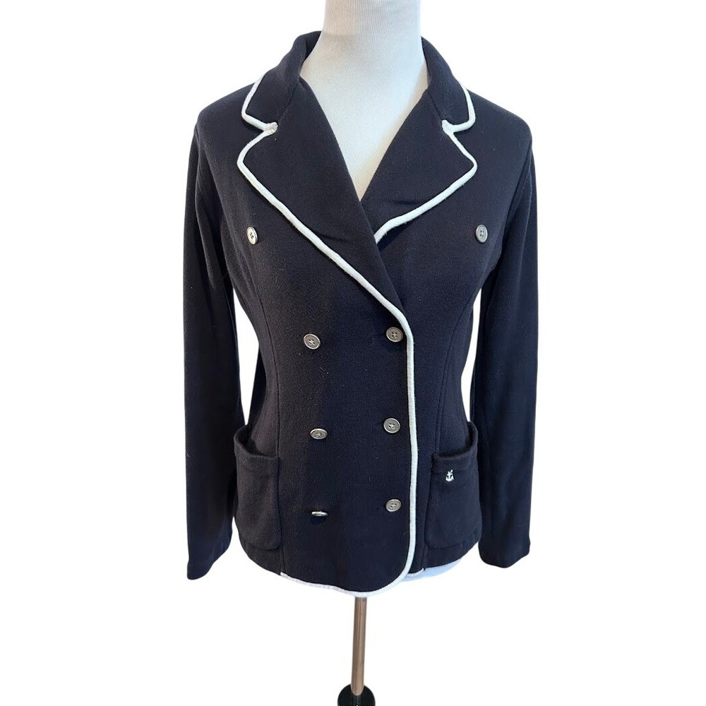Faconnable Womens Navy Blue Knit Blazer White Piping Anchor Size‎ M